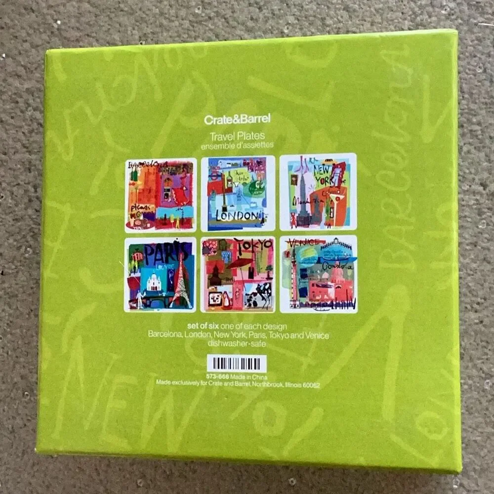 NIB Crate & Barrel Travel Plates Set of 6 City Dessert Appetizer Plates